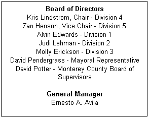 Text Box: Board of Directors
Kris Lindstrom, Chair - Division 4
Zan Henson, Vice Chair - Division 5
Alvin Edwards - Division 1
Judi Lehman - Division 2
Molly Erickson - Division 3
David Pendergrass - Mayoral Representative
David Potter - Monterey County Board of Supervisors
 
General Manager
Ernesto A. Avila
 
